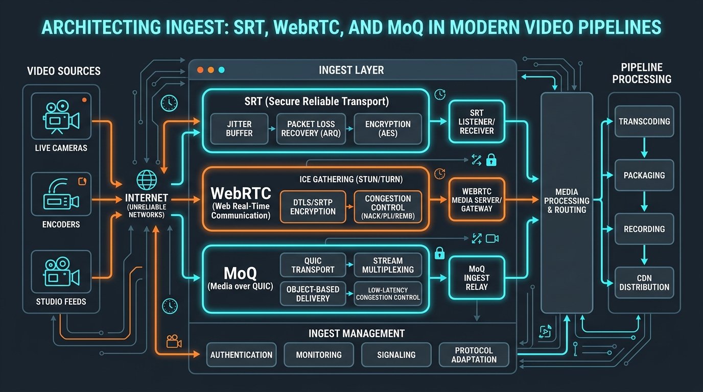 Architecting Ingest: SRT, WebRTC, and MoQ in Modern Video Pipelines - Architecture Diagram